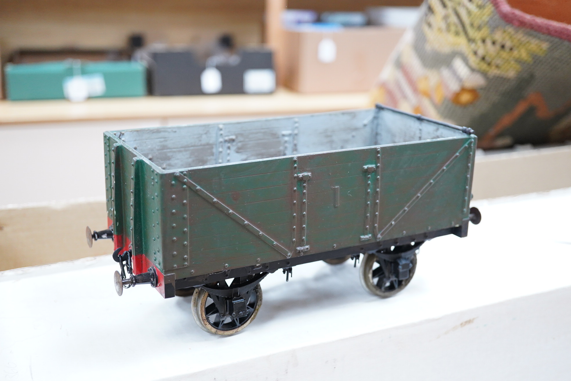 Six Gauge 3 model Railway freight wagons; 3 flats and 3 opens all built from Mike Williams resin kits, well constructed and painted to a reasonable standard with some weathering, etc.